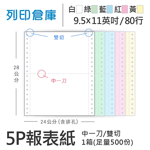 【電腦連續報表紙】 80行 9.5*11*5P 白綠藍紅黃/ 雙切 中一刀 /超值組1箱(足量500份)