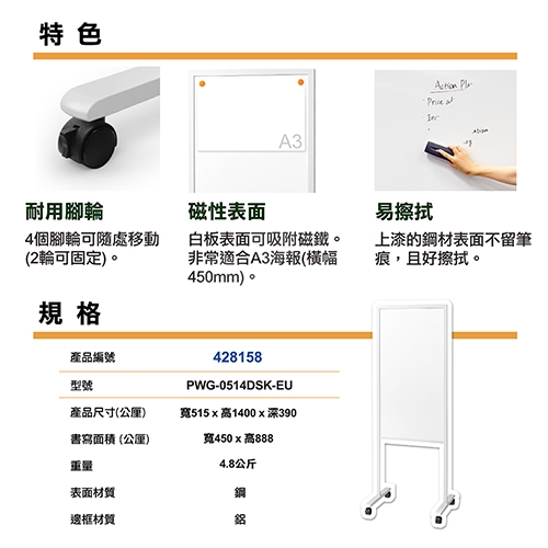 PLUS普樂士 PWG-0514DSK-EU PWG 雙面移動式告示白板 屏風白板