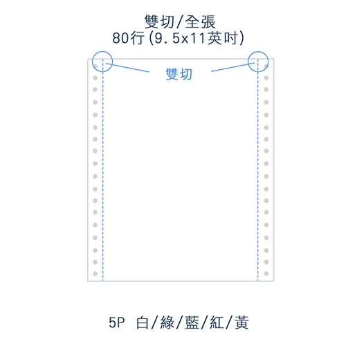 【電腦連續報表紙】 80行 9.5*11*5P 白綠藍紅黃/ 雙切 全張 /超值組1箱(足量225份)