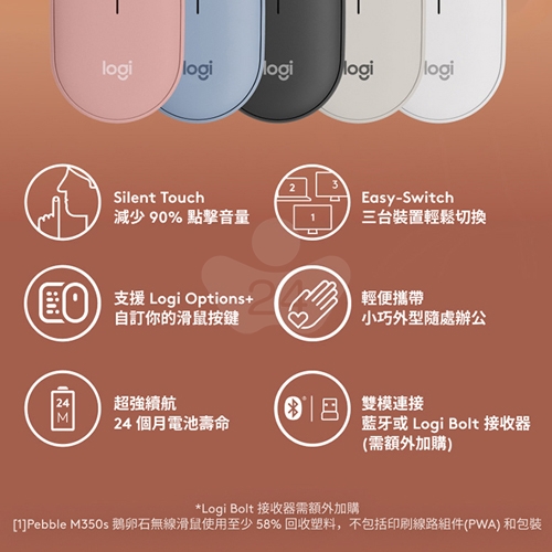 Logitech羅技 M350s 鵝鑾石無線藍牙滑鼠(藍芽/USB)無附接收器 - 玫瑰粉